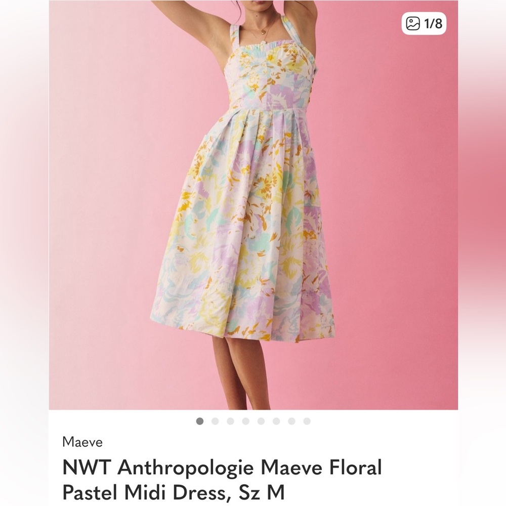 NWT Anthropologie Maeve Floral Pastel Midi Dress, Sz M